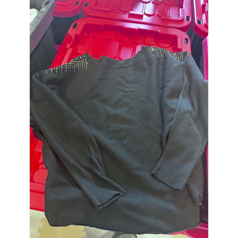 Black Studded Shoulder Long Sleeve Wool Blend Knit Sweater RN 136994